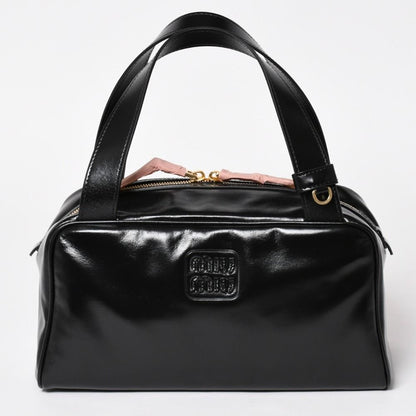 Miu Miu Leather Top Handle Bag Handbag Shiny Calfskin Black Gold