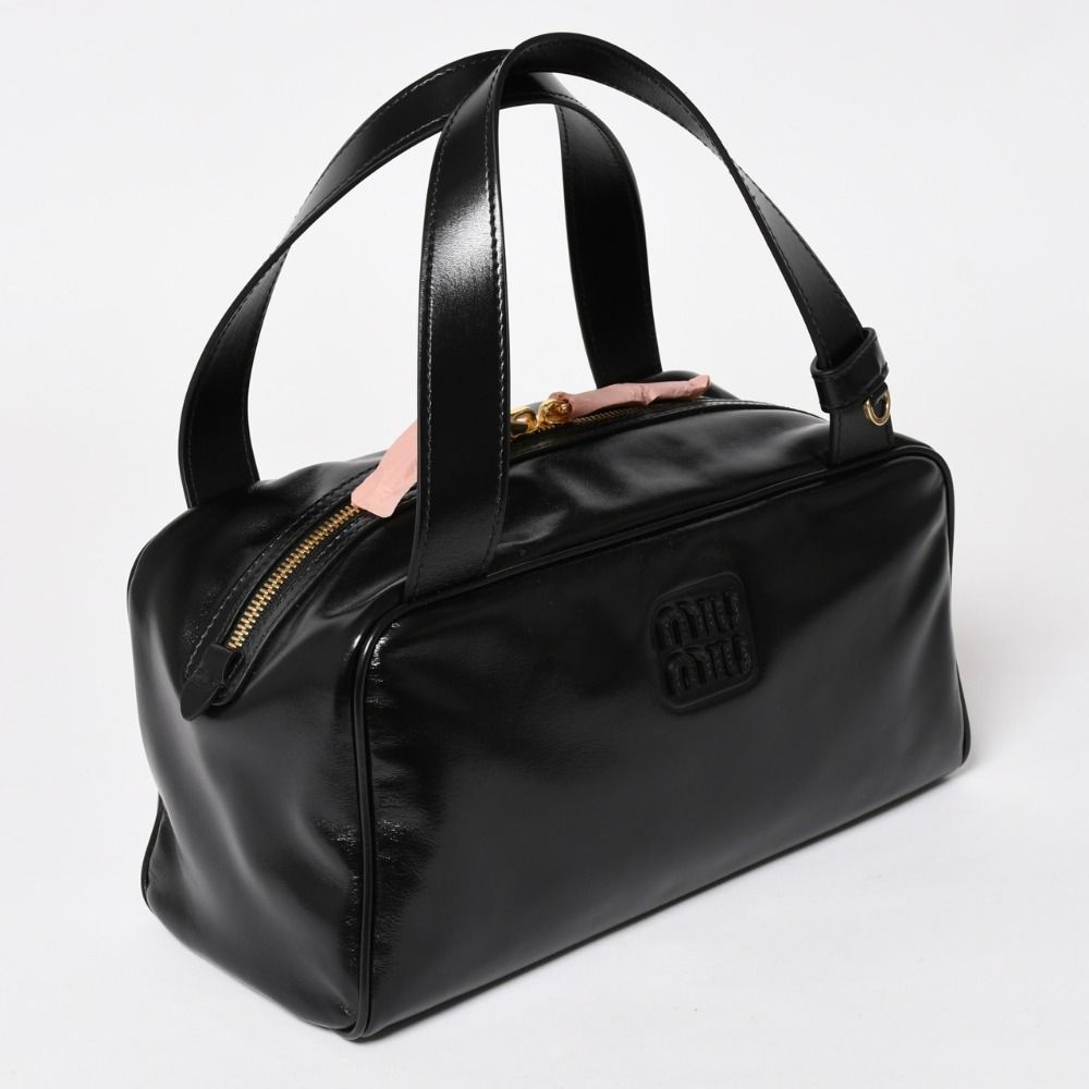 Miu Miu Leather Top Handle Bag Handbag Shiny Calfskin Black Gold — view 3
