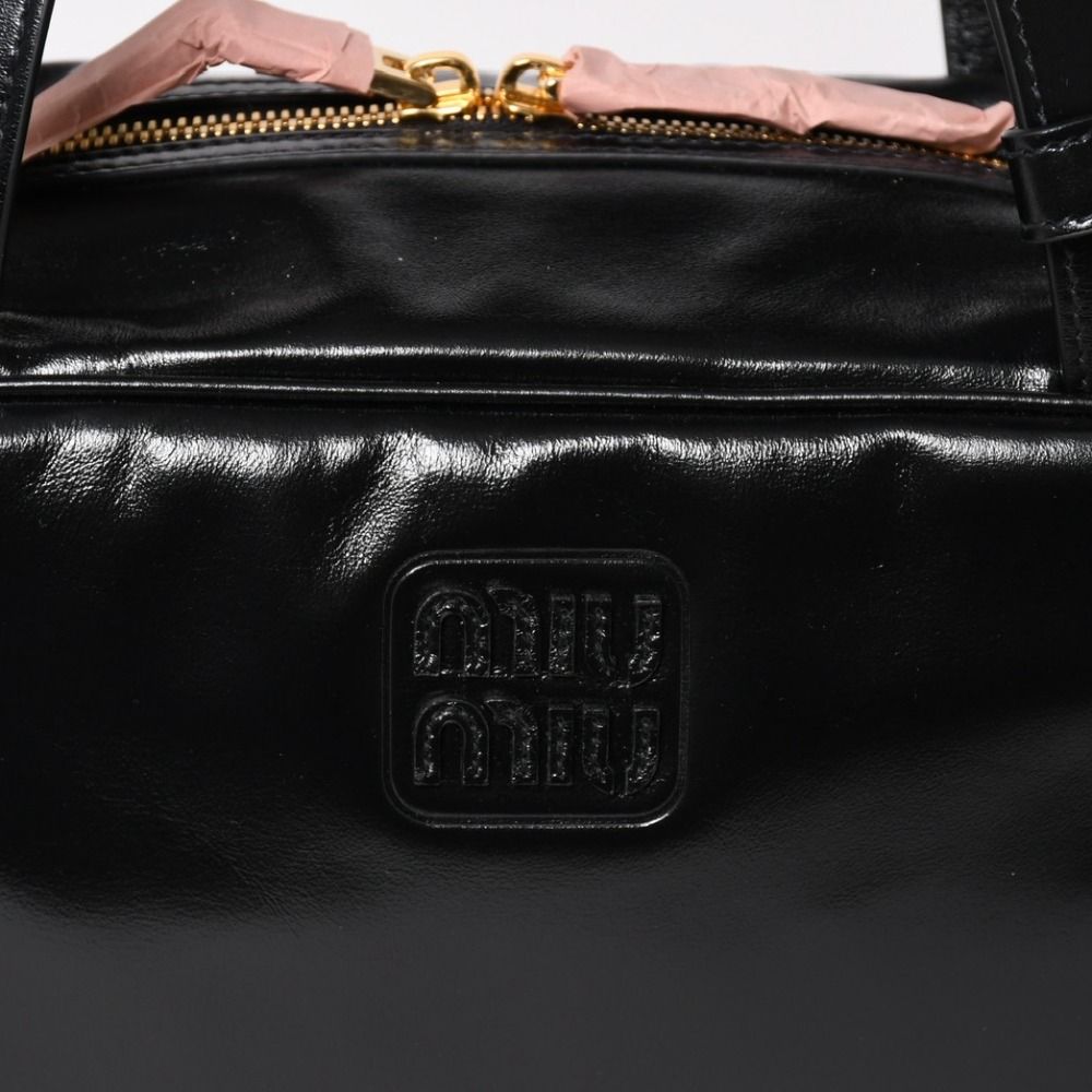 Miu Miu Leather Top Handle Bag Handbag Shiny Calfskin Black Gold — view 6