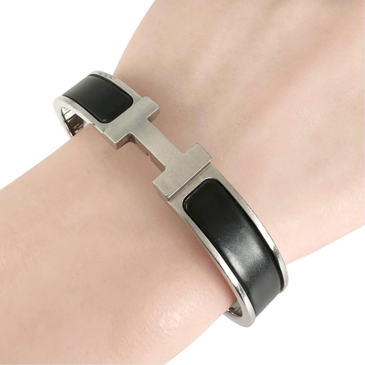 Hermes Clic H Silver Black Bangle Bracelet — view 5