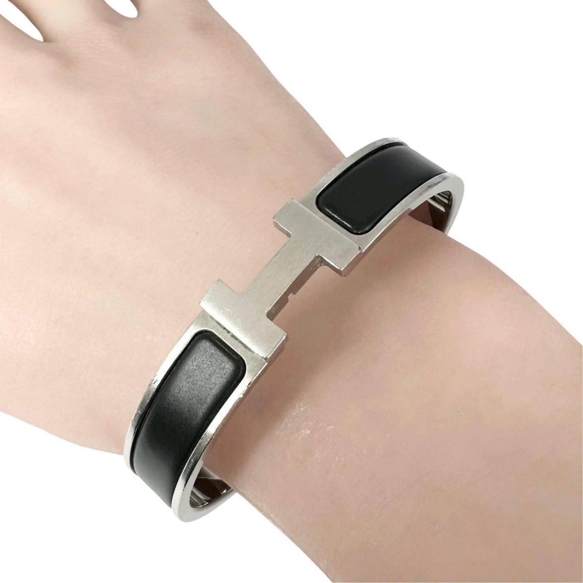 Hermes Clic H Silver Black Bangle Bracelet — view 4