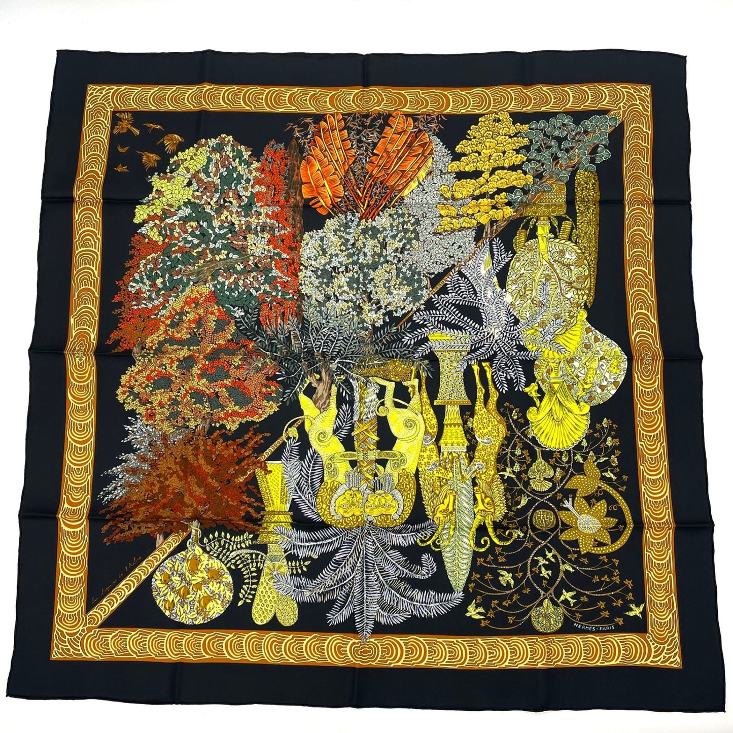 Hermes Carre 90 Les Legendes de L'arbre Wood Legends Scarf Black