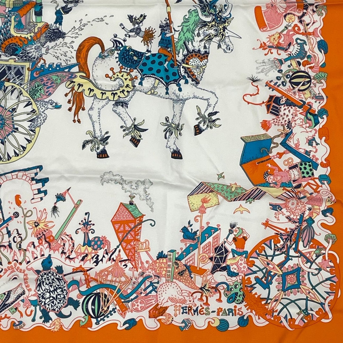 Hermes Carre 90 Silk Scarf Folle Parade Orange — view 5