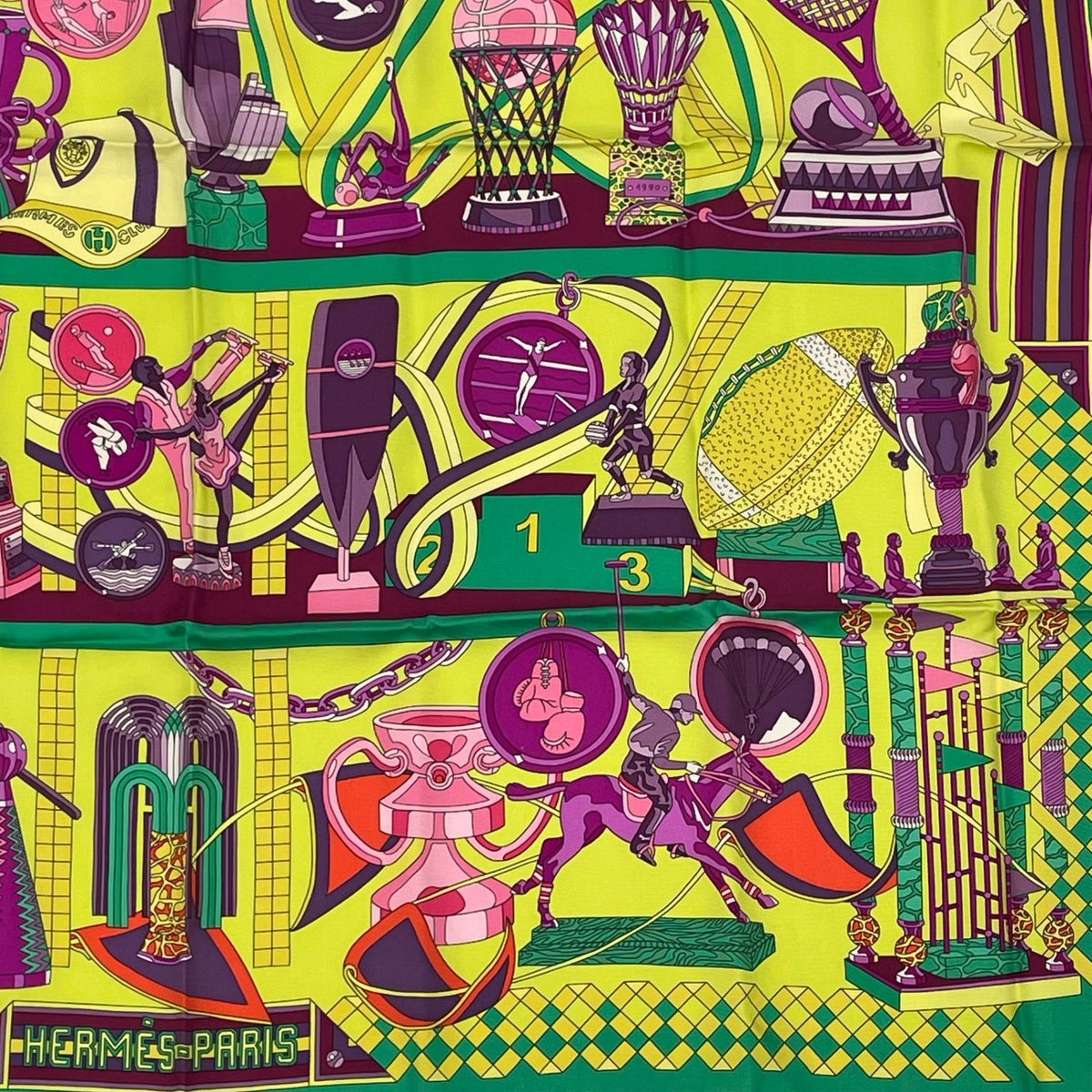 Hermes Carre 90 Scarf Silk Les Trophees Trophy Green Yellow — view 5