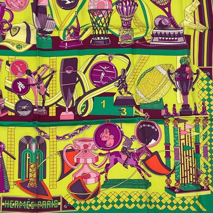 Hermes Carre 90 Scarf Silk Les Trophees Trophy Green Yellow — view 5