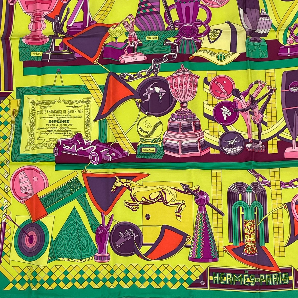 Hermes Carre 90 Scarf Silk Les Trophees Trophy Green Yellow — view 4