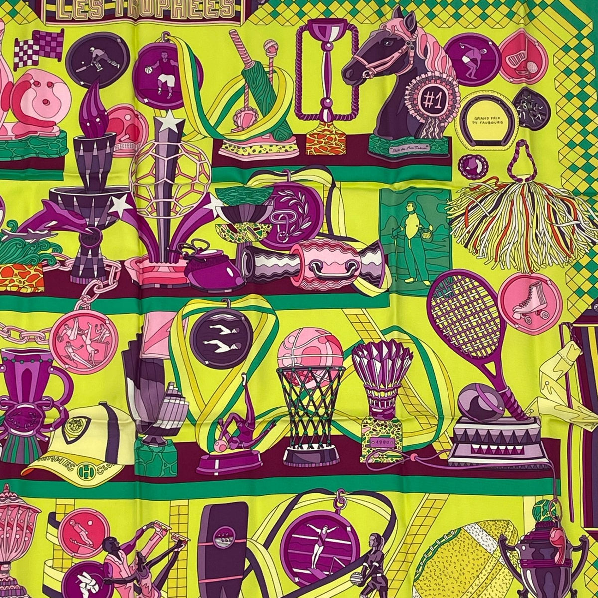 Hermes Carre 90 Scarf Silk Les Trophees Trophy Green Yellow — view 3