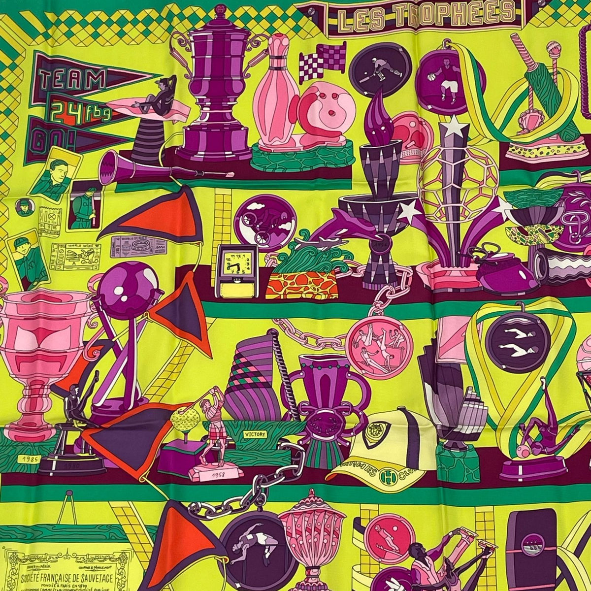 Hermes Carre 90 Scarf Silk Les Trophees Trophy Green Yellow — view 2