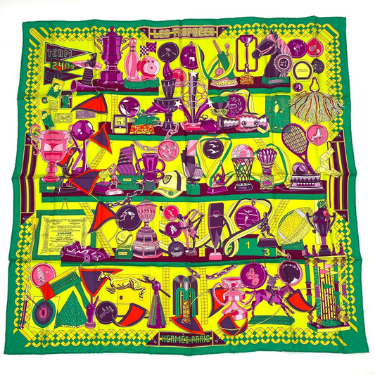 Hermes Carre 90 Scarf Silk Les Trophees Trophy Green Yellow