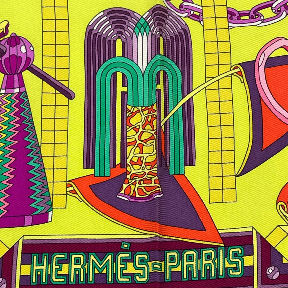 Hermes Carre 90 Scarf Silk Les Trophees Trophy Green Yellow — view 6