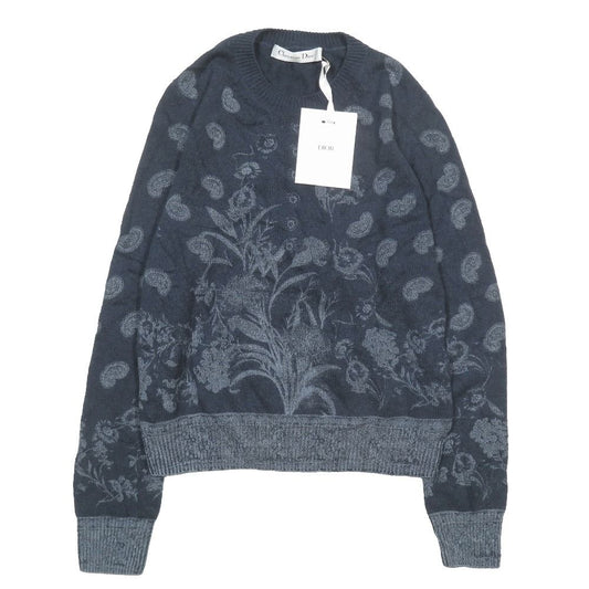 Dior Floral Paisley 100% Cashmere Knit Sweater Pullover Long Sleeve 36 Navy