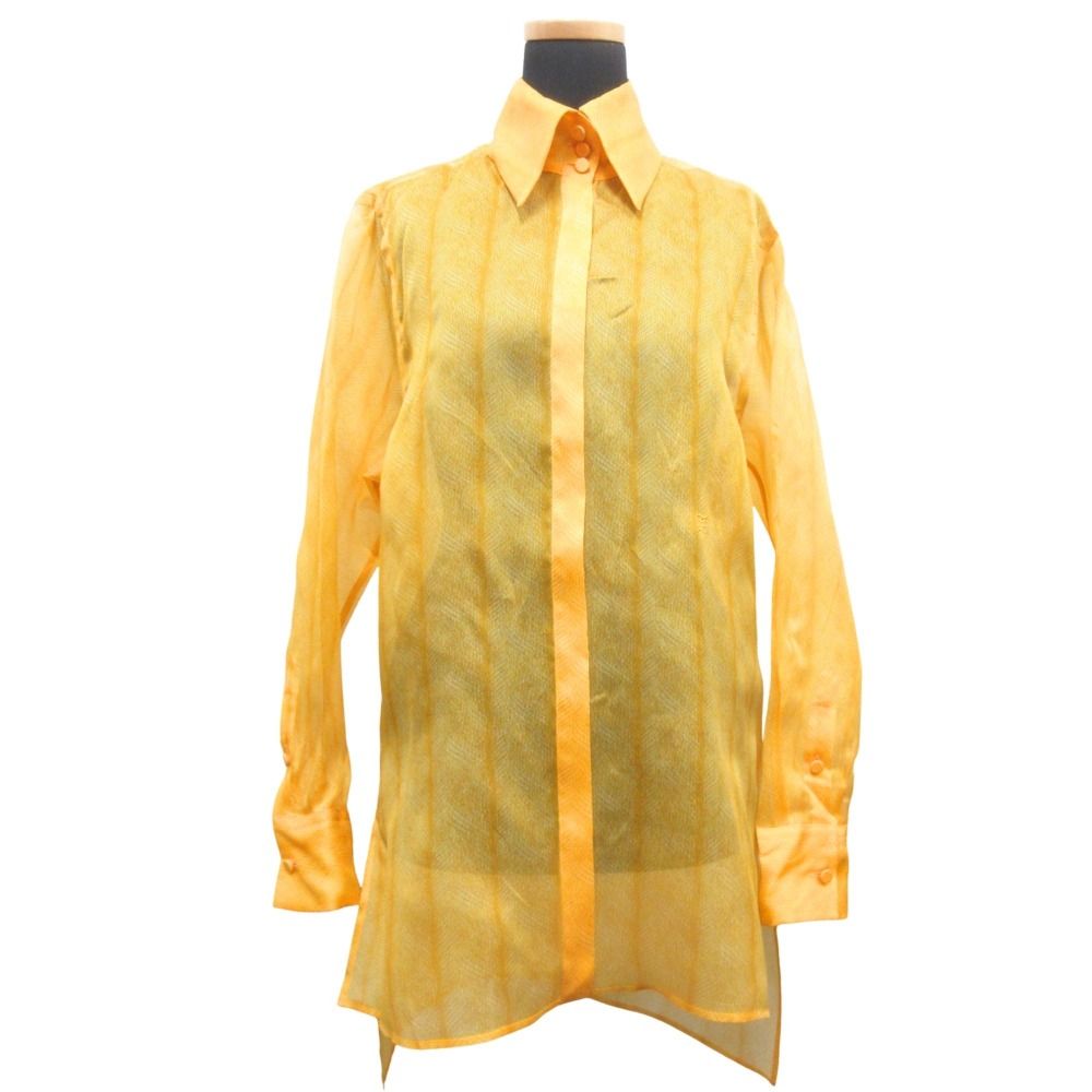 Fendi Organza Sheer Shirt Blouse Top Long Sleeve Feather Motif Side Slit 40