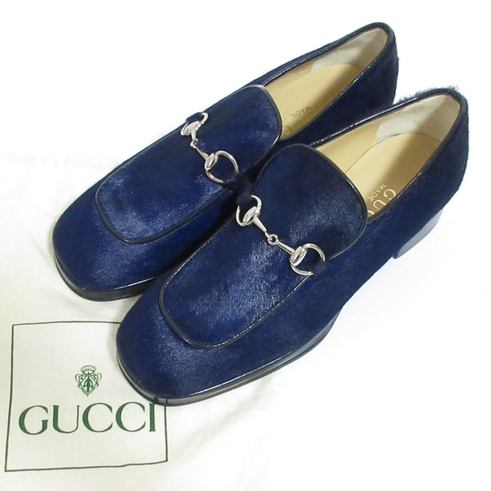 Gucci Tom Ford Era Horsebit Calf Hair Leather Loafers 5 Navy