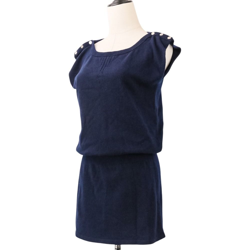 Chanel CC Logo Button Cashmere Sleeveless Mini Knit Dress 36 Navy — view 2