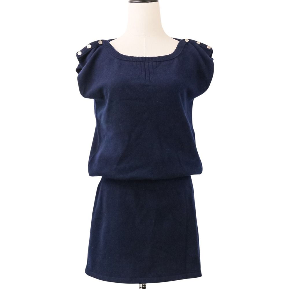 Chanel CC Logo Button Cashmere Sleeveless Mini Knit Dress 36 Navy