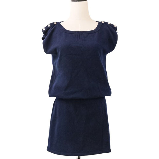 Chanel CC Logo Button Cashmere Sleeveless Mini Knit Dress 36 Navy