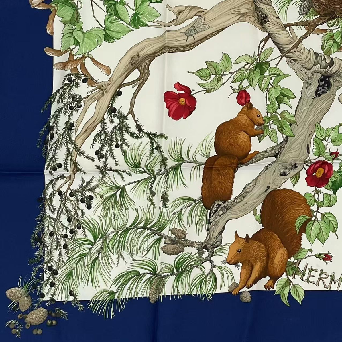 Hermes Carre 90 Coeur Des Bois In The Woods Navy 100% Silk Scarf — view 4