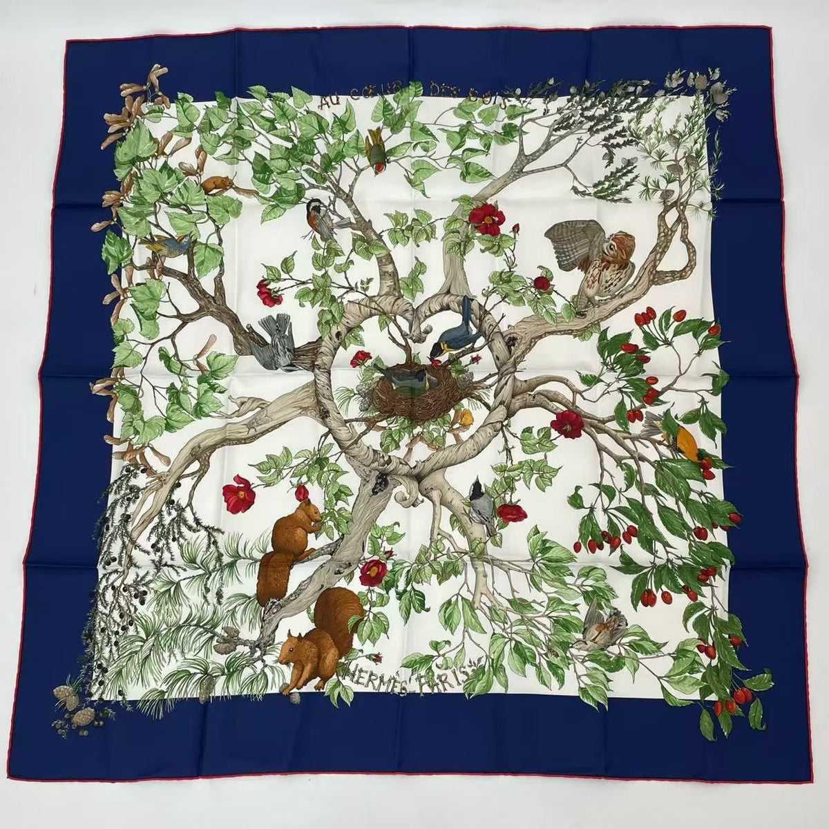 Hermes Carre 90 Coeur Des Bois In The Woods Navy 100% Silk Scarf