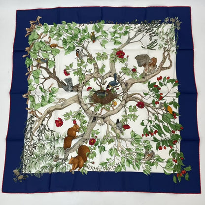 Hermes Carre 90 Coeur Des Bois In The Woods Navy 100% Silk Scarf
