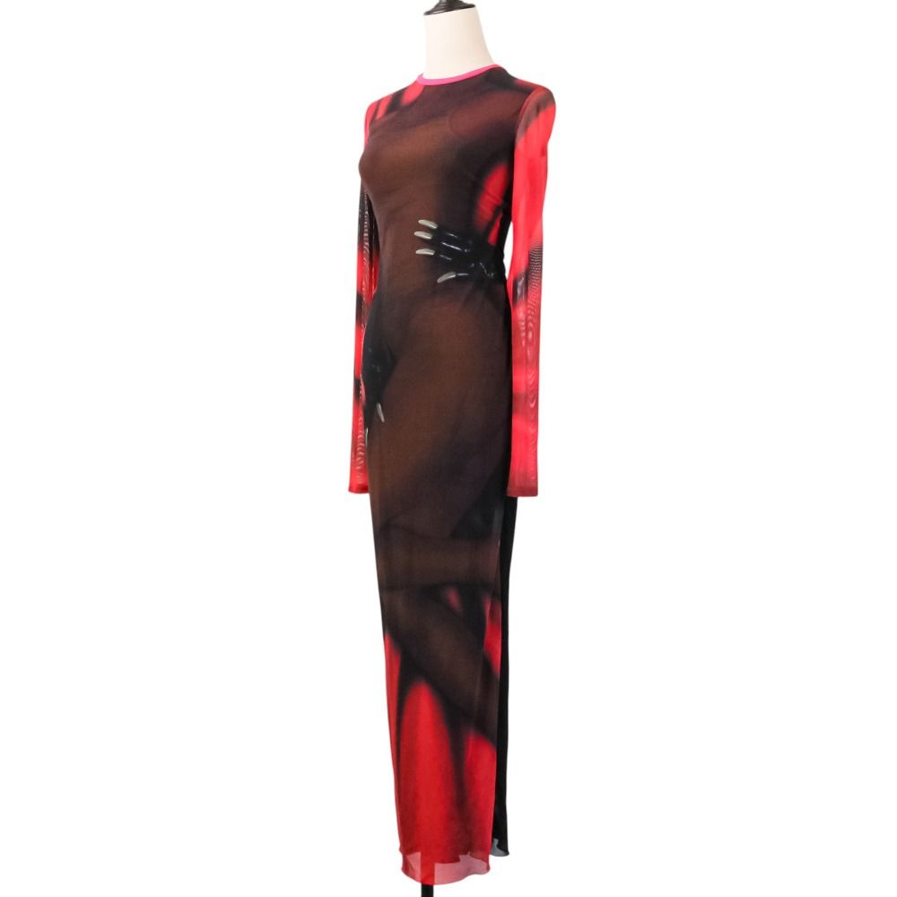 Loewe Power Net Body Print Dress Long Sleeve XS Red Black — view 2