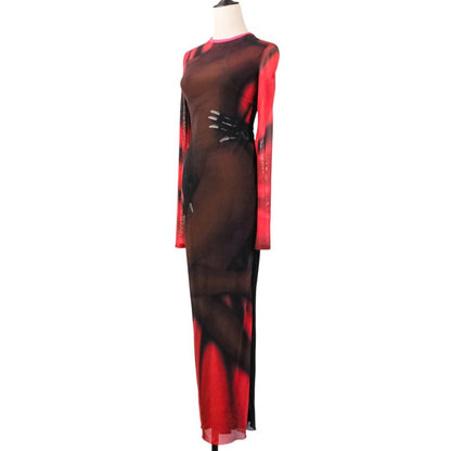 Loewe Power Net Body Print Dress Long Sleeve XS Red Black — view 2