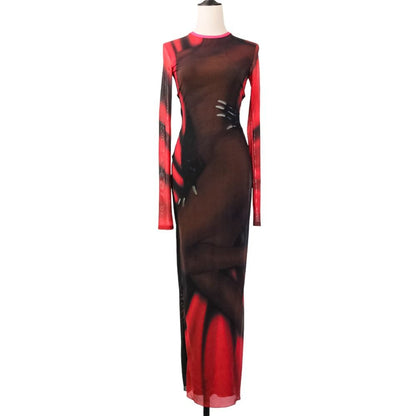 Loewe Power Net Body Print Dress Long Sleeve XS Red Black