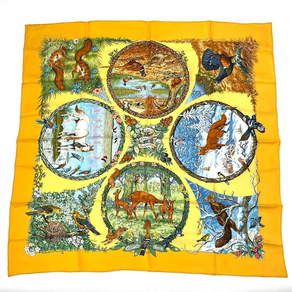Hermes Carre 90 Les Quatre Saisons Four Seasons Brown Animal Flower Scarf Silk