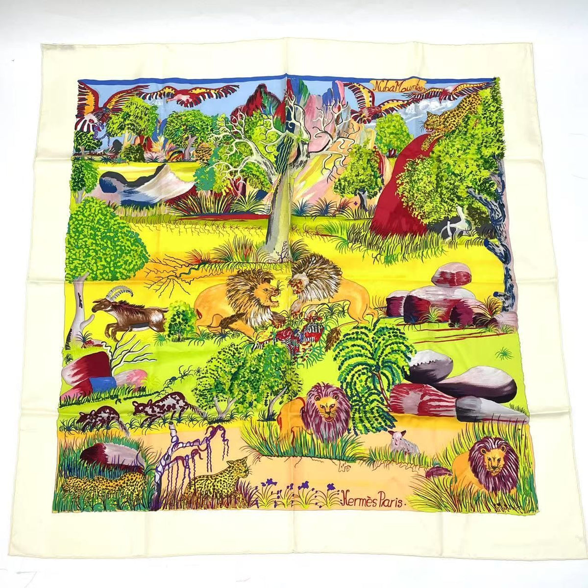 Hermes Carre 90 Nuba Mountain Scarf 100% Silk White