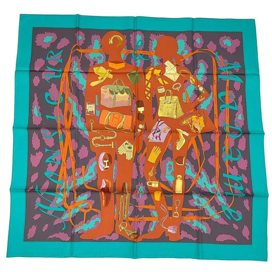 Hermes Carre 90 Monsieur Et Madame All Over Pattern Silk Scarf Blue