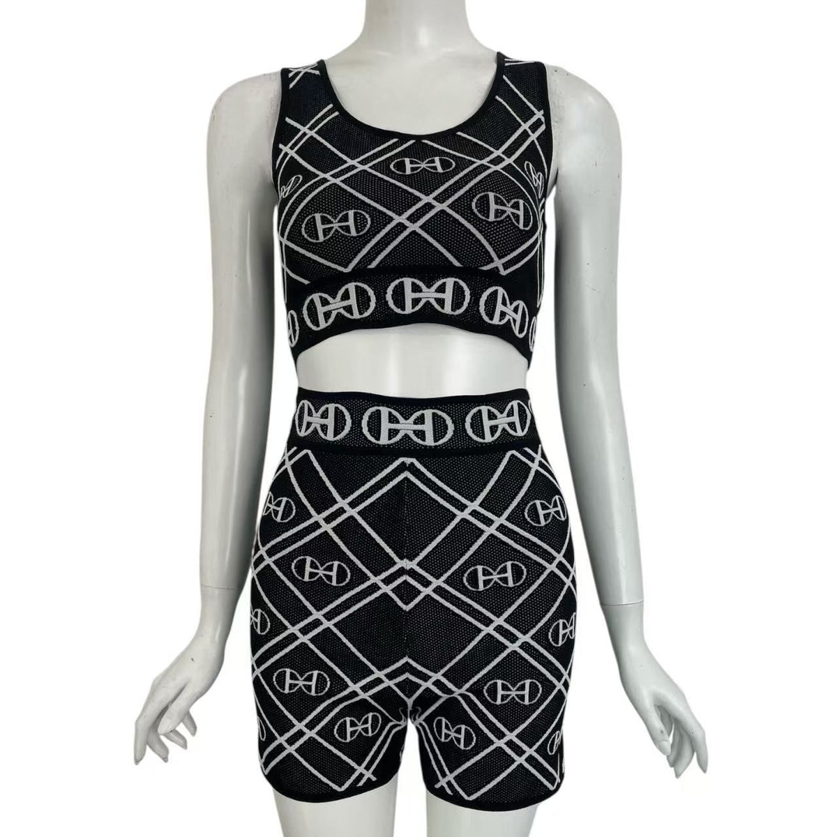Hermes Set Shot Pants Vest Technical Knit All Over Pattern Black White 38
