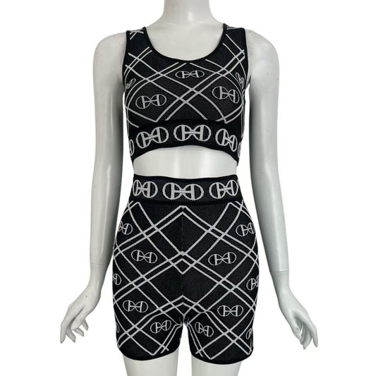 Hermes Set Shot Pants Vest Technical Knit All Over Pattern Black White 38