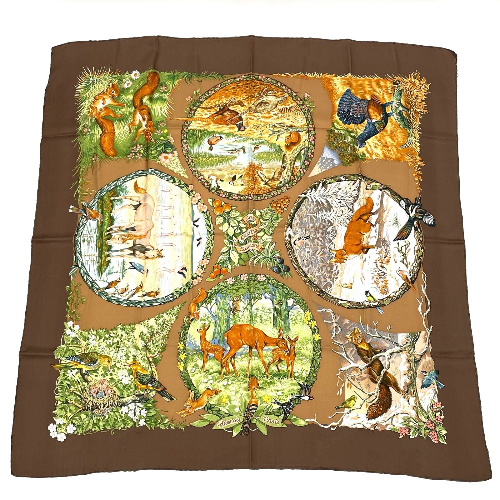 Hermes Carre 90 Les Quatre Saisons Four Seasons Brown Animal Flower Scarf Silk