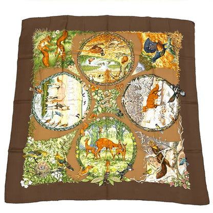 Hermes Carre 90 Les Quatre Saisons Four Seasons Brown Animal Flower Scarf Silk