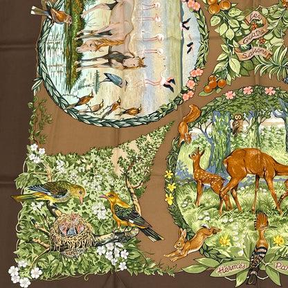 Hermes Carre 90 Les Quatre Saisons Four Seasons Brown Animal Flower Scarf Silk — view 4