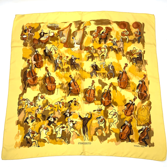 Hermes Carre 90 Concerto Yellow 100% Silk Scarf