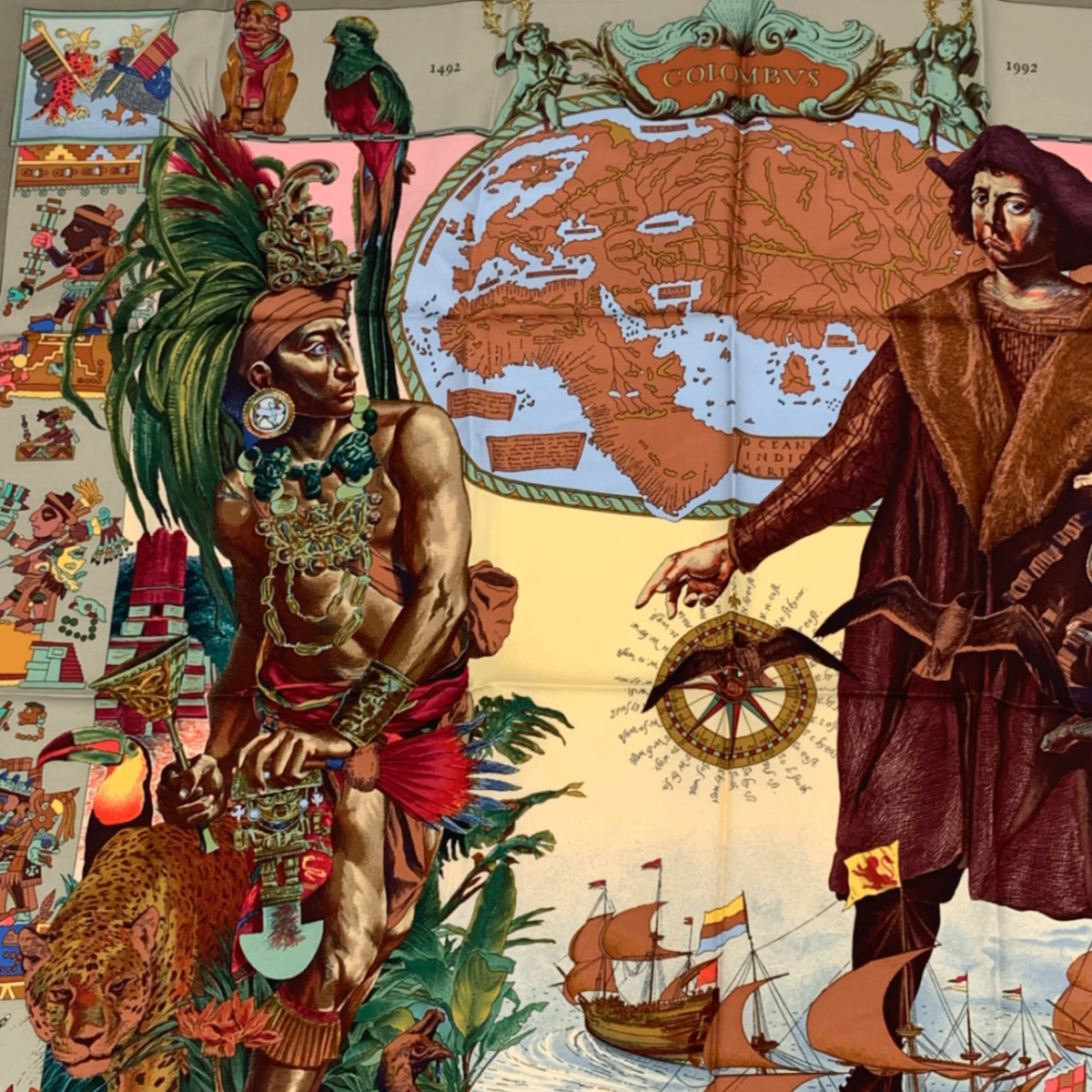 Hermes Carre 90 Scarf Les Ameriques Americas Columbus Silk Multicolor — view 4