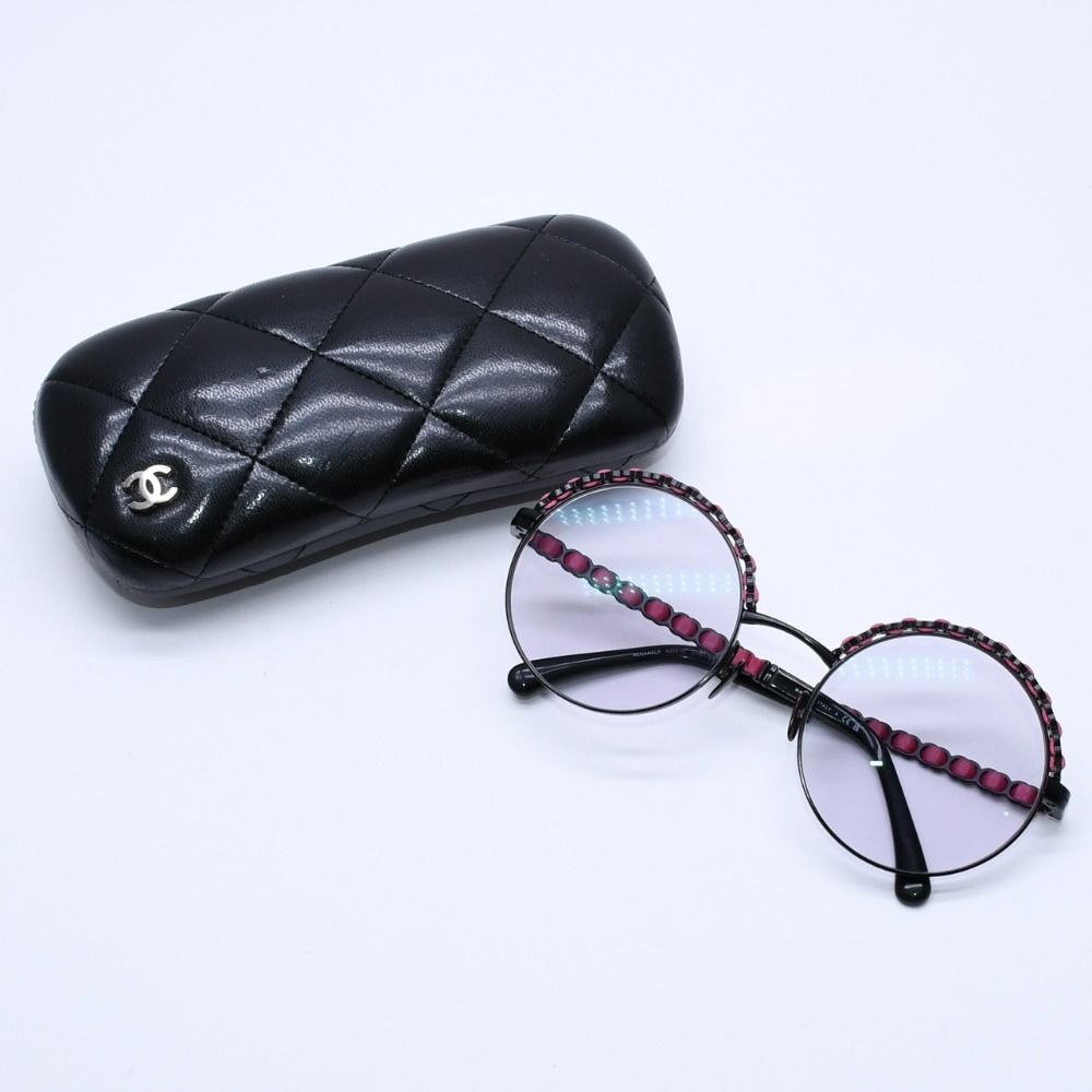 Chanel Round Shape Eyewear Sunglasses Calfskin Leather Black Pink CC Logo