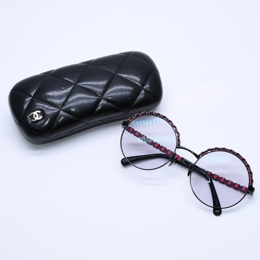 Chanel Round Shape Eyewear Sunglasses Calfskin Leather Black Pink CC Logo