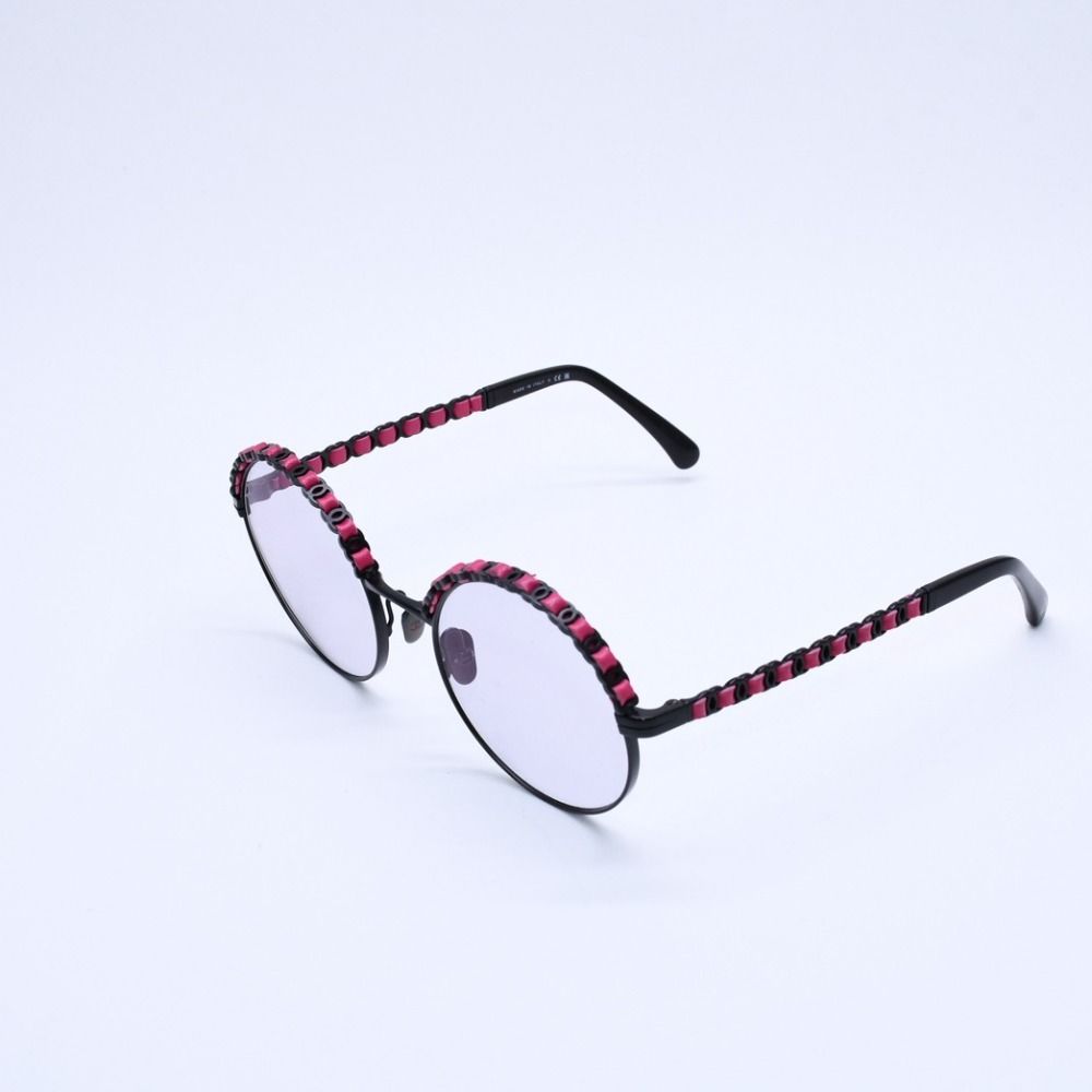 Chanel Round Shape Eyewear Sunglasses Calfskin Leather Black Pink CC Logo — view 3
