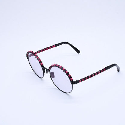 Chanel Round Shape Eyewear Sunglasses Calfskin Leather Black Pink CC Logo — view 3