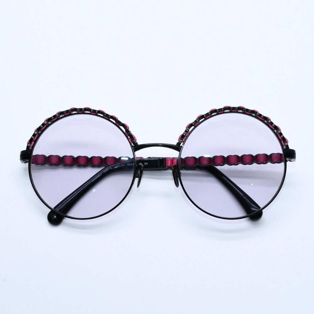 Chanel Round Shape Eyewear Sunglasses Calfskin Leather Black Pink CC Logo — view 2
