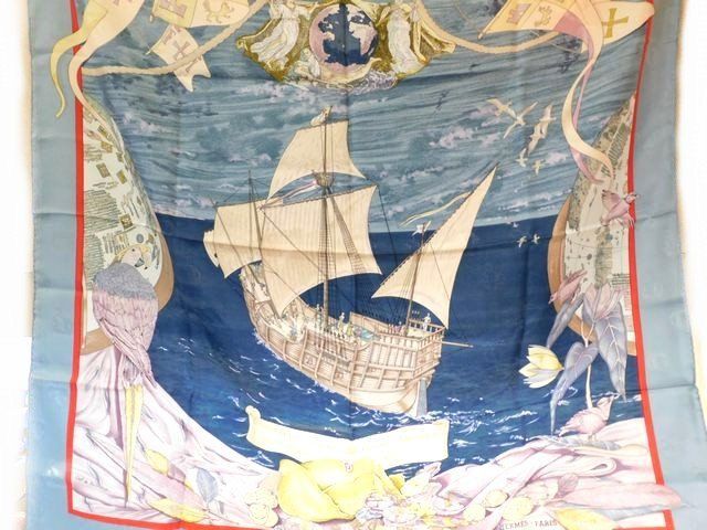 Hermes Christophe Colomb Carre 90 100% Silk Large Scarf Light Blue