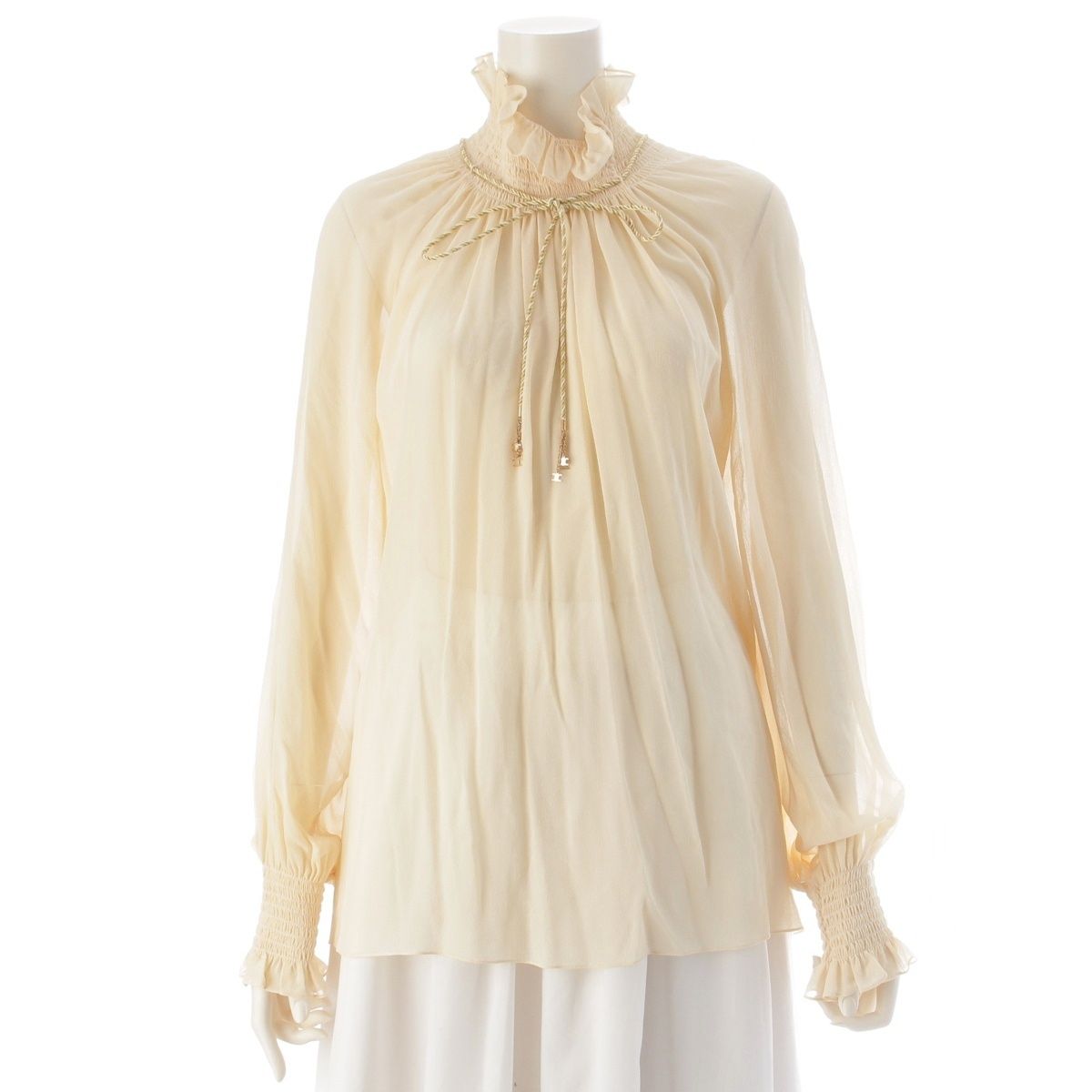 Celine Silk Ruffled Drawstring Triomphe Blouse Top Ivory White 38