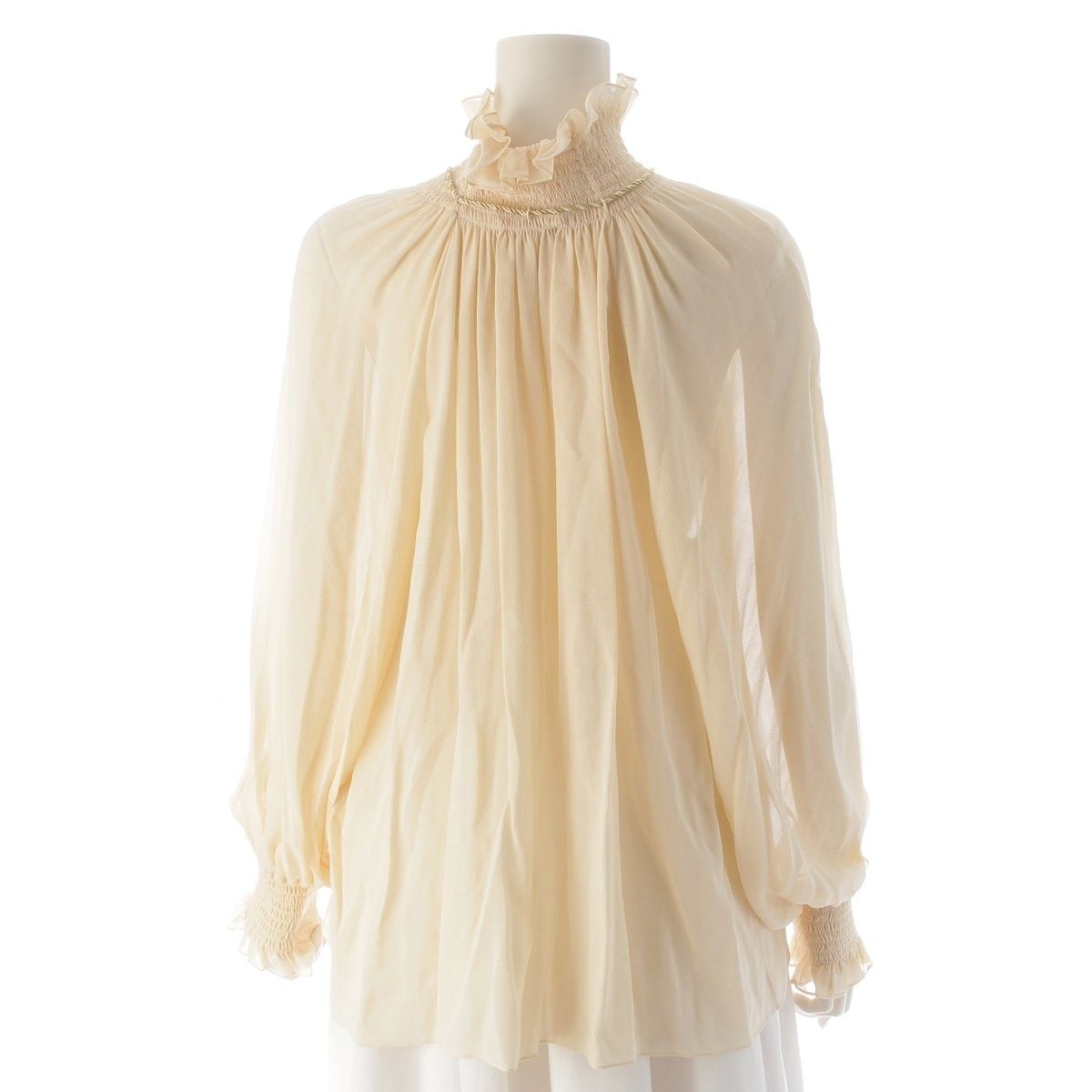 Celine Silk Ruffled Drawstring Triomphe Blouse Top Ivory White 38 — view 4