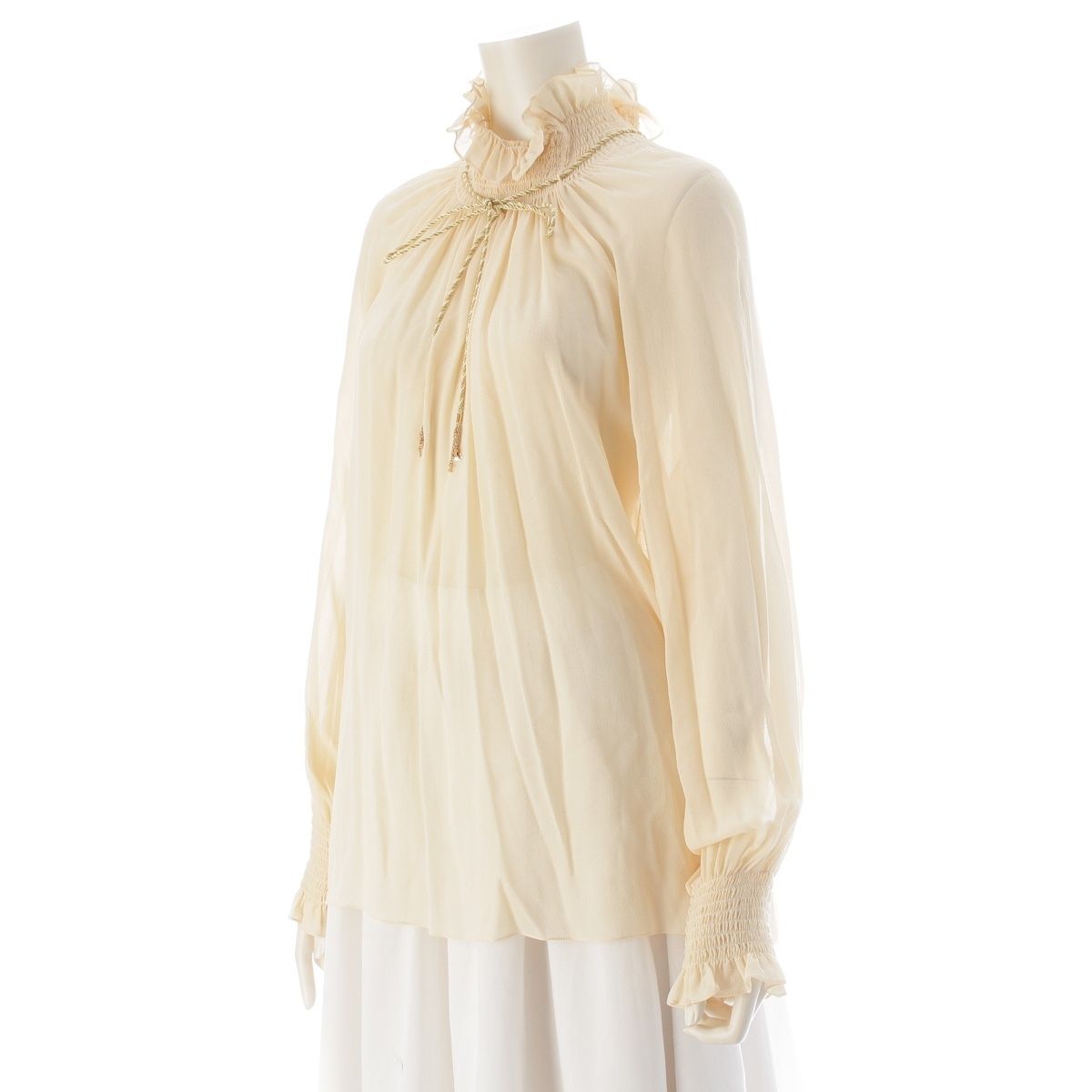 Celine Silk Ruffled Drawstring Triomphe Blouse Top Ivory White 38 — view 2