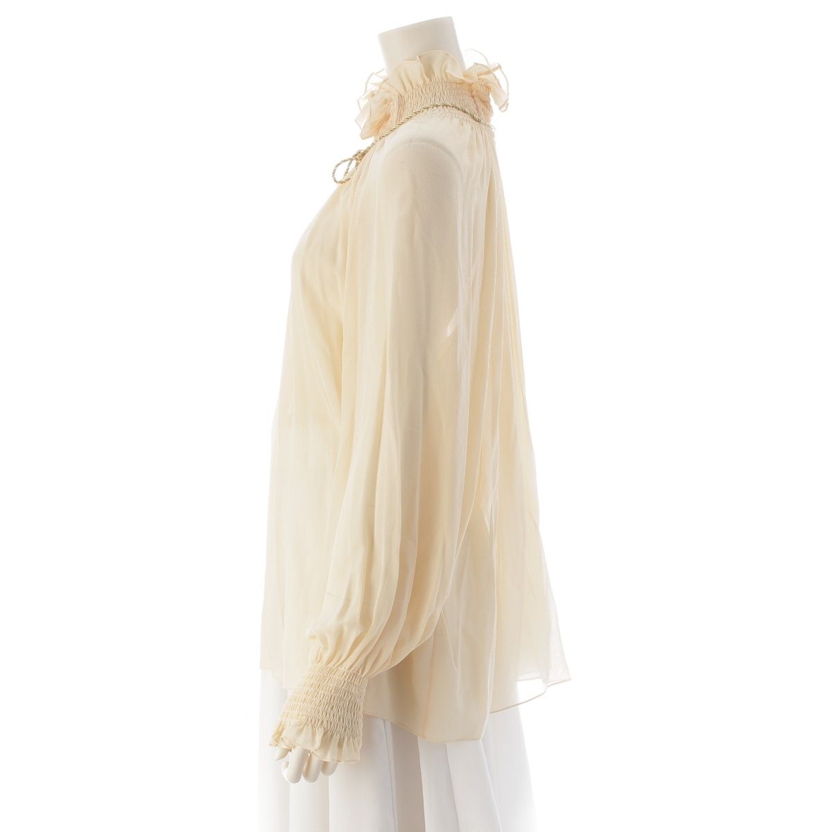 Celine Silk Ruffled Drawstring Triomphe Blouse Top Ivory White 38 — view 3