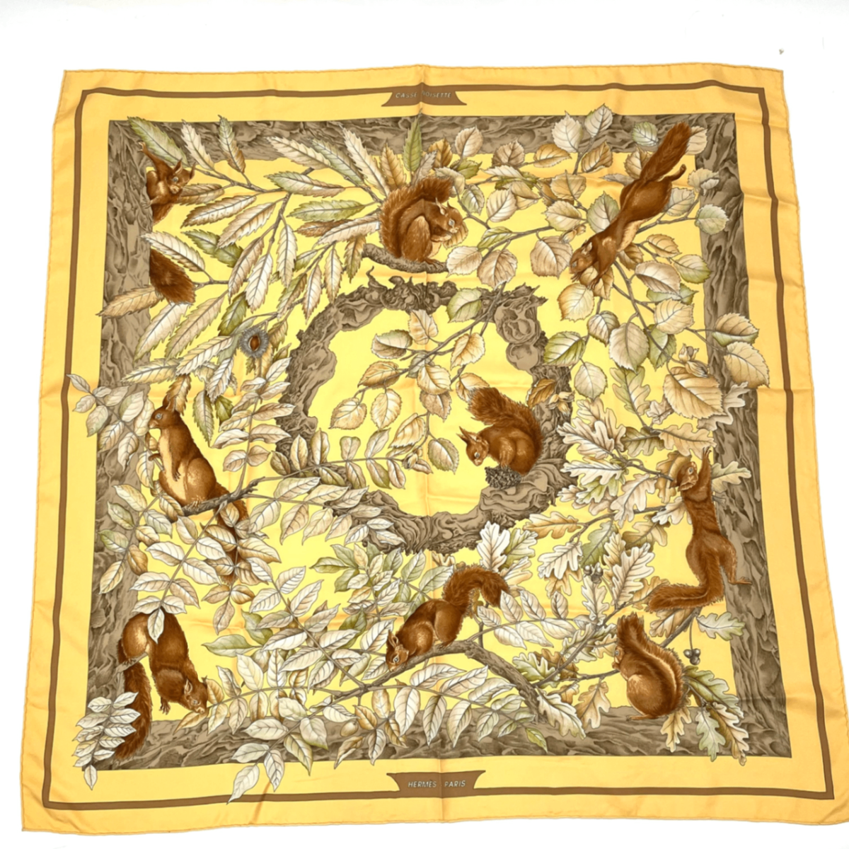Hermes Carre 90 Casse Noisette Nutcracker Squirrel Pattern Nut Scarf Silk Yellow