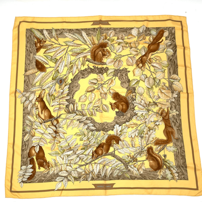 Hermes Carre 90 Casse Noisette Nutcracker Squirrel Pattern Nut Scarf Silk Yellow