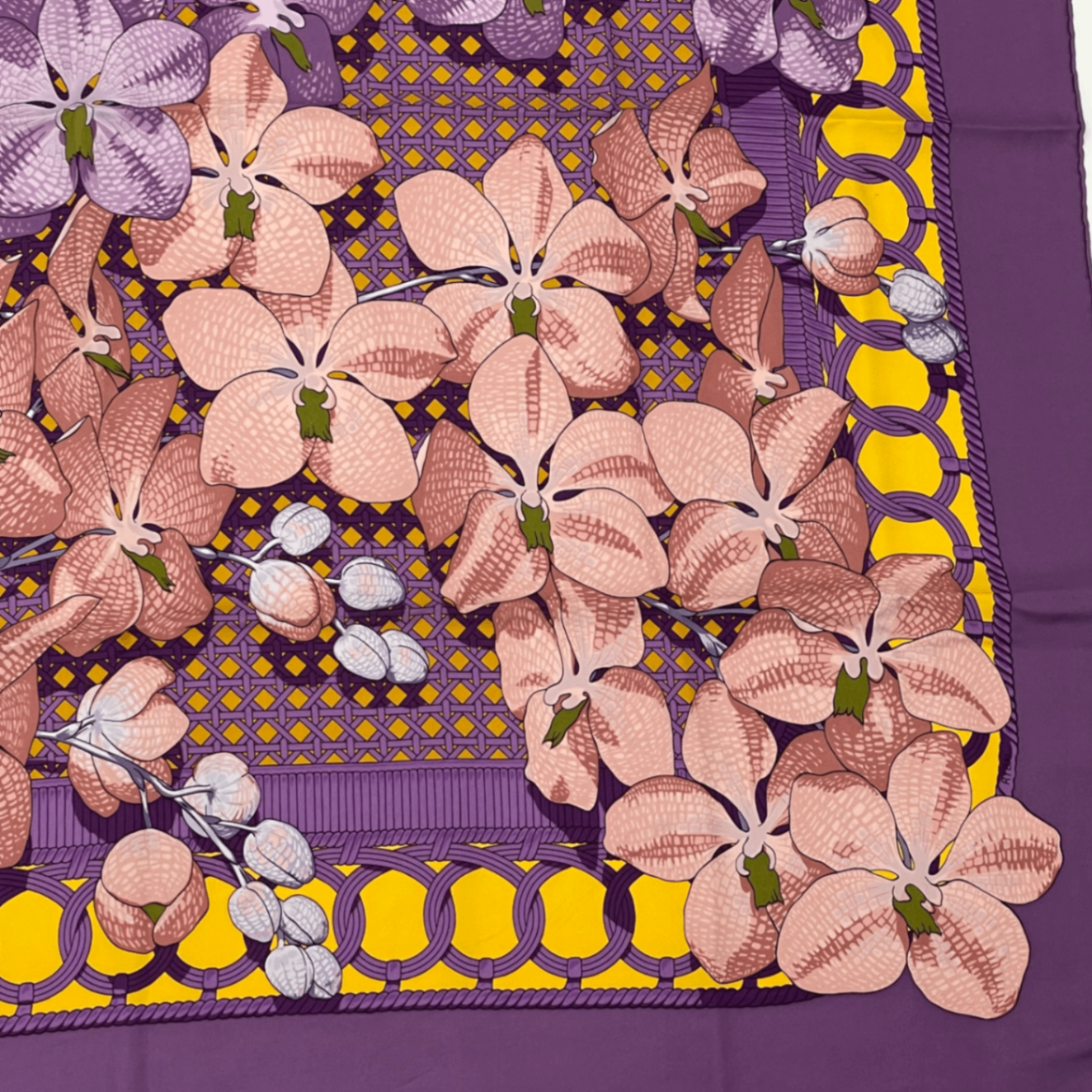 Hermes Scarf Silk Carre 90 Floral Pattern Phalaenopsis Orchid Purple Touvenirs — view 5