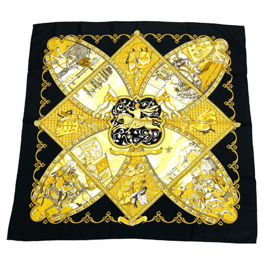 Hermes Scarf Carre 90 Scene With Horses la Vie Cheval Gold Black